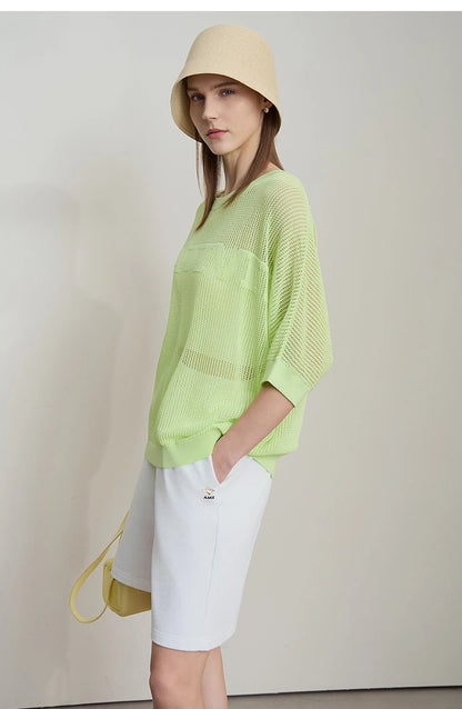 Damen-Strickpullover mit Rundhalsausschnitt, kurzärmelig, hellgrün, lässig und leicht durchbrochen