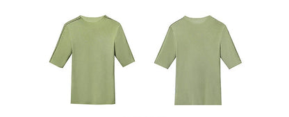 AMII Damenpullover in Avocado Green, Kurzarm, Rundhalsausschnitt, feines Strickbild