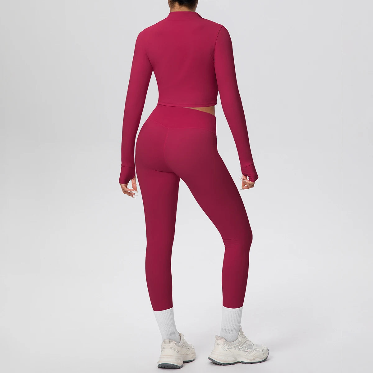3-teiliges Yoga-Set für Damen (Beerenrot) von hinten: kurze Jacke und Leggings mit Akzenten