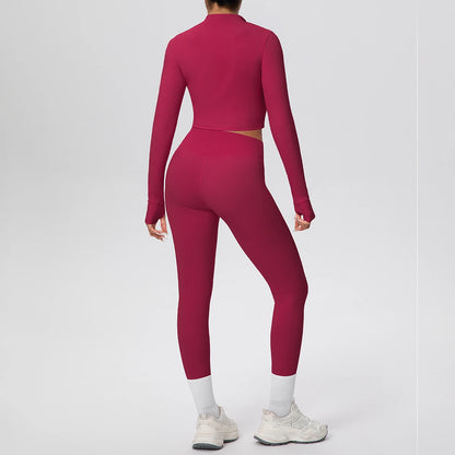 3-teiliges Yoga-Set für Damen (Beerenrot) von hinten: kurze Jacke und Leggings mit Akzenten