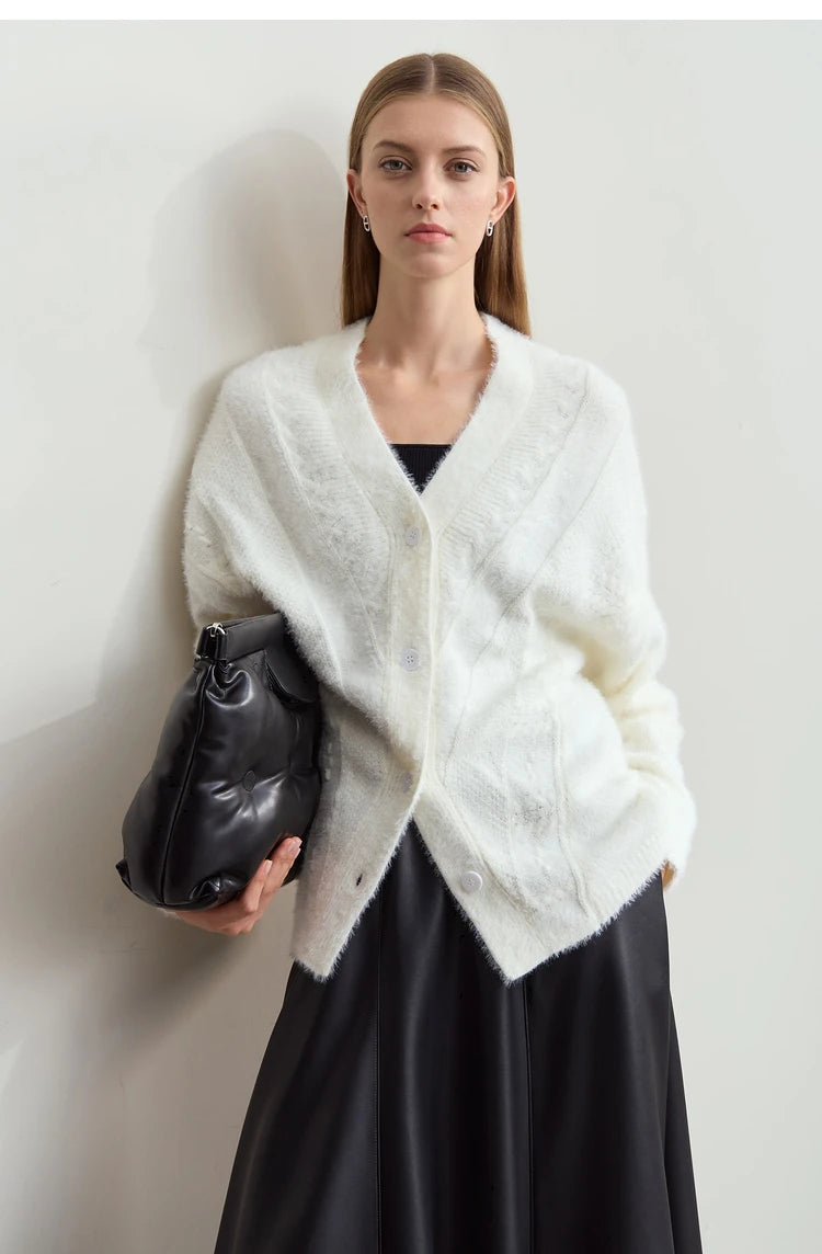 Damen-Strickjacke V-Ausschnitt Nerz-Imitat locker dick Winter