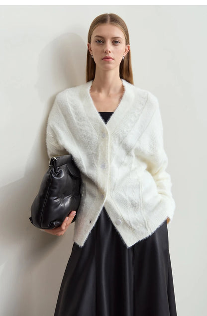 Damen-Strickjacke V-Ausschnitt Nerz-Imitat locker dick Winter