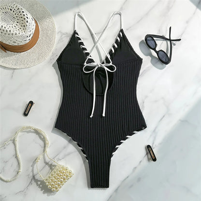 Damen Badeanzug V-Ausschnitt Rippen Kreuzrücken hoher Beinausschnitt Monokini 5 Farben