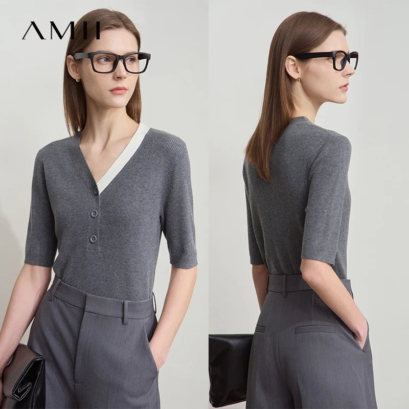 Damen-Strickpullover grau mit V-Ausschnitt und Knopfleiste, kurze Ärmel
