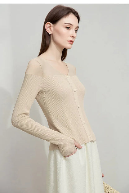 Damen V-Ausschnitt Pullover Viskose Mesh Organza Slim Frühling