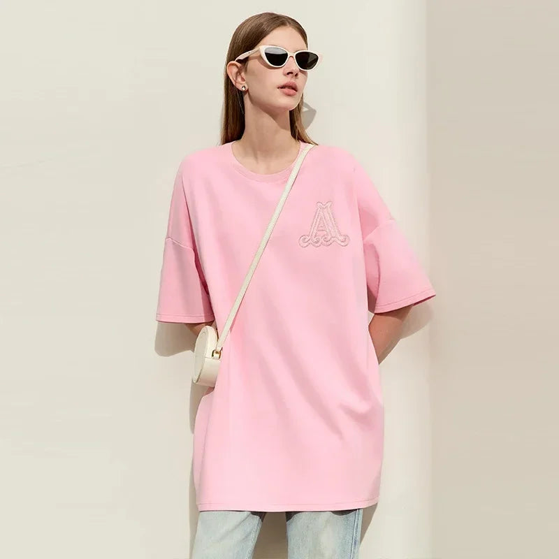 Damen Rundhals-T-Shirt im minimalistischen Stil mit lässiger Stickerei und kurzen Ärmeln