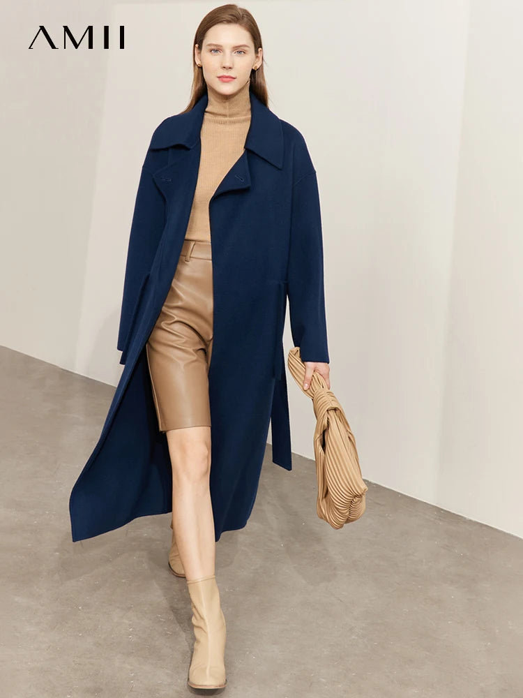 Frauen Mantel aus 100 Prozent Wolle im eleganten Koreanischen Stil mit Gürtel