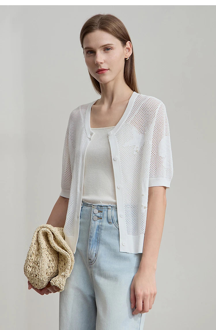 Damen-Rundhalspullover Jacquard Kurzarm locker Büro Sommer