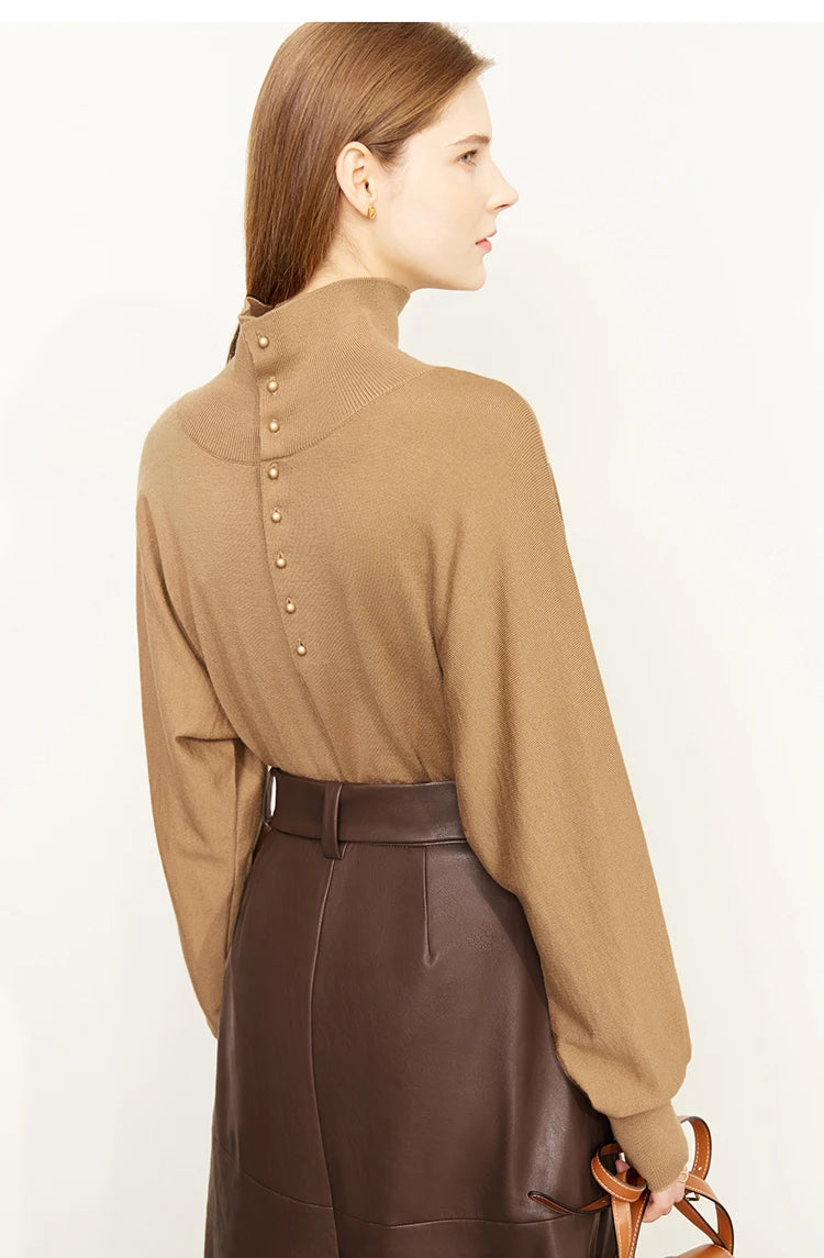 Damen-Rollkragenpullover 100 % Wolle locker Fledermausärmel Herbst