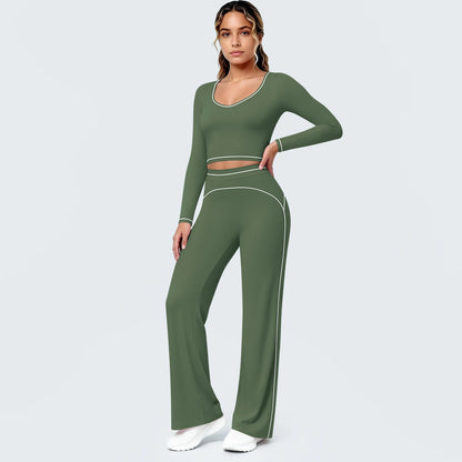 Damen Yoga-Set mit langärmligem Top und Schlaghose, Cut-out-Taille, olivgrün