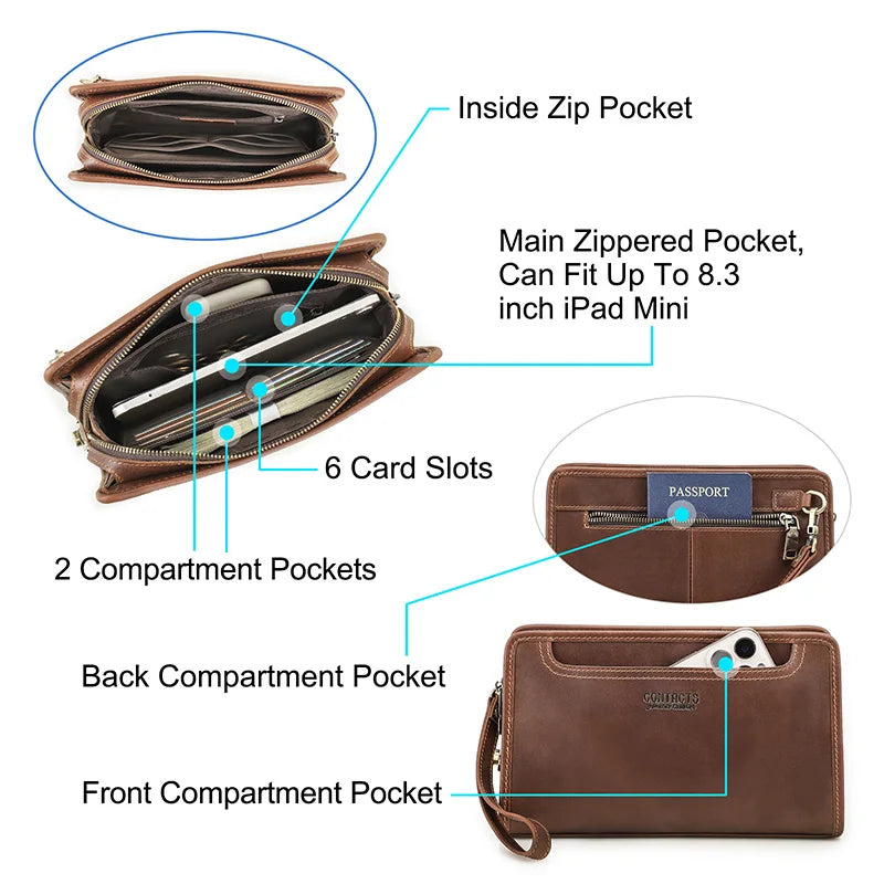 Braune Leder-Clutch mit 6 Kartenfächern, Innenfächern und Reißverschluss