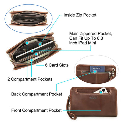 Braune Leder-Clutch mit 6 Kartenfächern, Innenfächern und Reißverschluss
