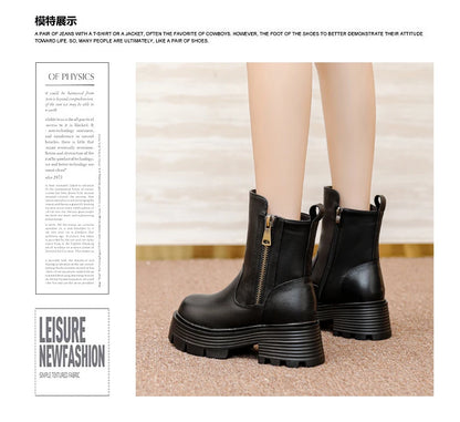 Schwarze Winter-Stiefeletten mit Plateauabsatz, Reißverschluss und dicker Profilsohle
