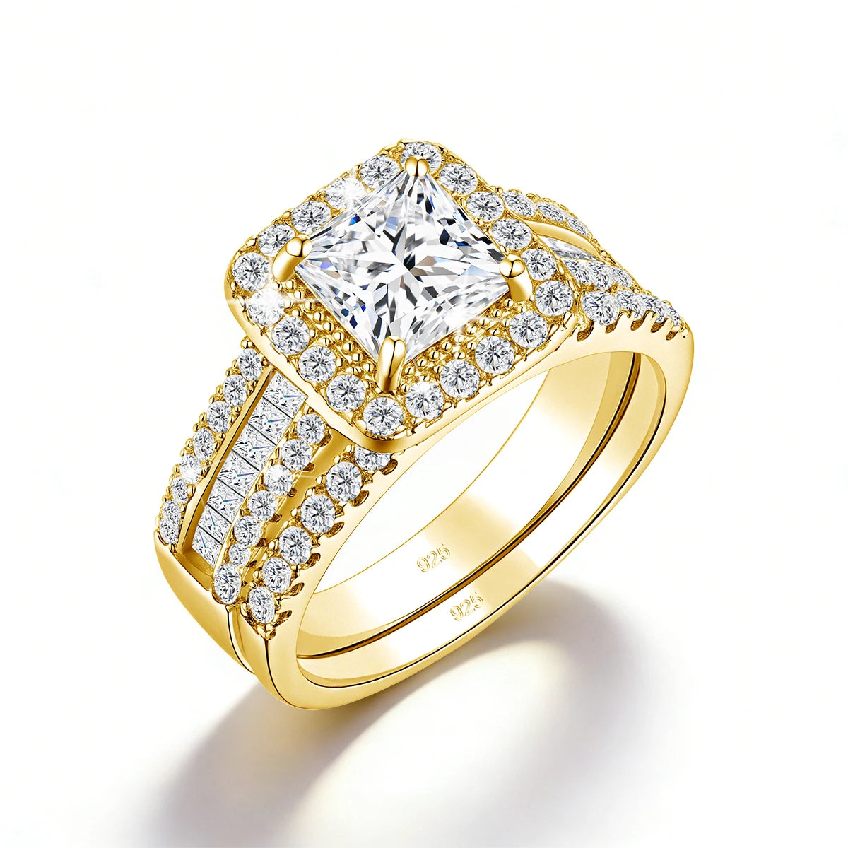 Damen-2er-Verlobungsring-Set aus 925-Silber mit Moissanit im Prinzessin-Schnitt Halo-Design