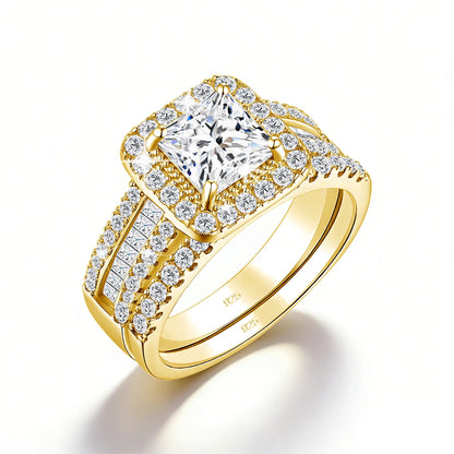 Damen-2er-Verlobungsring-Set aus 925-Silber mit Moissanit im Prinzessin-Schnitt Halo-Design
