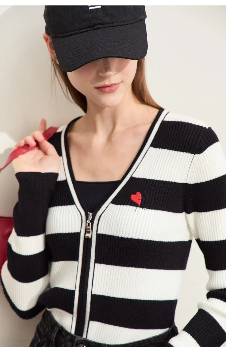 Damen-Strickjacke Kaschmir-Wolle Slim Streifen Reißverschluss Herbst
