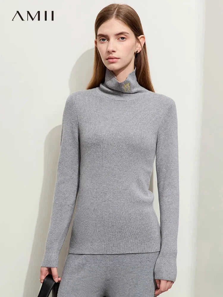 Damen-Rollkragenpullover Kaschmir-Wolle Slim Stickerei Winter