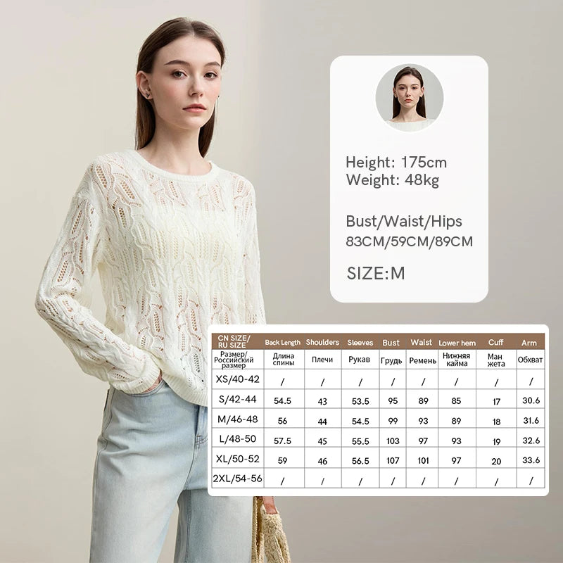 Hellcremer Damen-Strickpullover mit Rundhals, Langarm und Loch-/Zopfmuster, locker sitzend