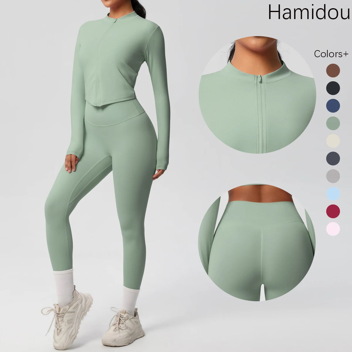 Damen Yoga-Set 2-teilig, mintgrünes Slim-Fit mit Langarmshirt und Leggings