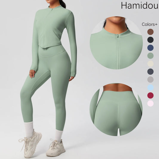 Damen Yoga-Set 2-teilig, mintgrünes Slim-Fit mit Langarmshirt und Leggings