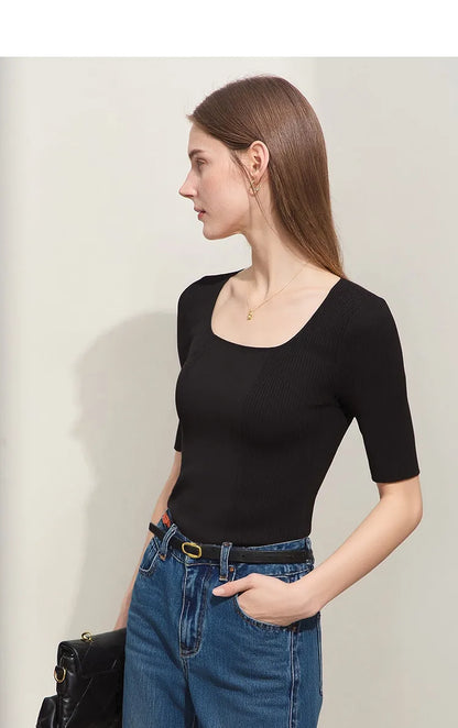 Schwarzer Damen-Strickpullover mit geripptem Halbarm und eckigem Ausschnitt