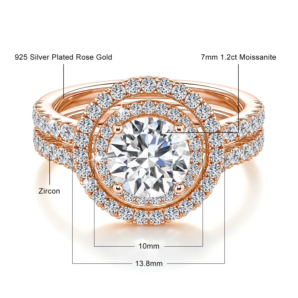 Damen-Verlobungsring-Set aus 925er Silber mit Moissanit Doppel-Halo 7 mm 1,2 ct Luxus-Schmuck