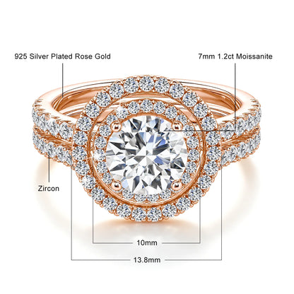 Damen-Verlobungsring-Set aus 925er Silber mit Moissanit Doppel-Halo 7 mm 1,2 ct Luxus-Schmuck