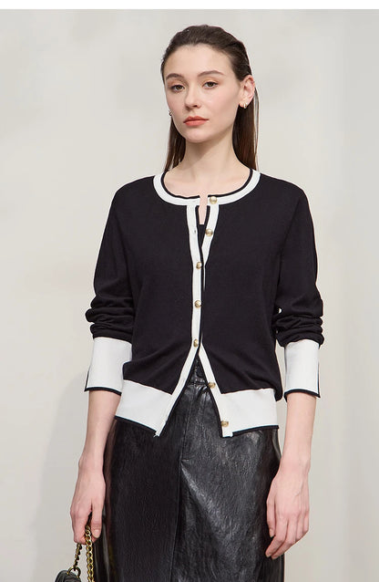Damen-Strickjacke Rundhals Patchwork gerade elegant vielseitig Herbst