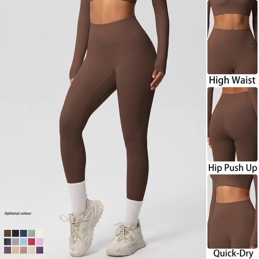 Damen-Yoga-Leggings, High-Waist, lang, mit konturierender Rückenpartie, braun, blickdicht