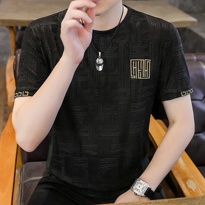 Herren T-Shirt aus Seide mit kurzem Arm und Streifen-Druck für Sommer