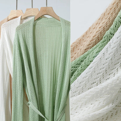 Damen-Strickjacke Lyocell V-Ausschnitt Glockenärmel Gürtel locker Frühling