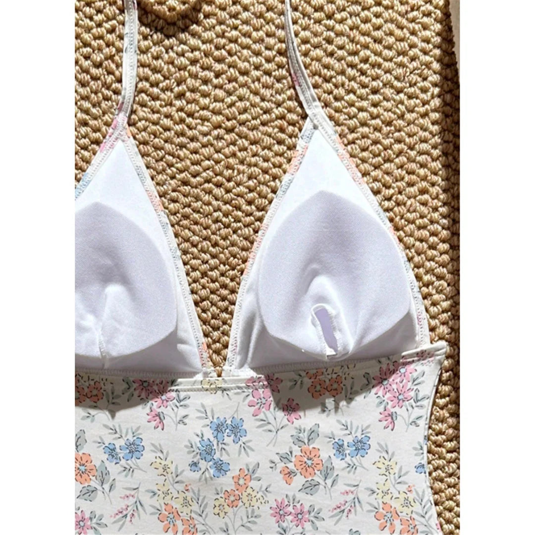 Damen Badeanzug Blumen V-Ausschnitt Neckholder Monokini hoher Beinausschnitt