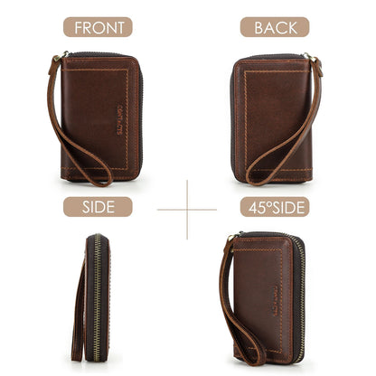 Leder-Schlüsselbrieftasche mit Reißverschluss, Trageschlaufe; Vorder- und Rückansicht, braun
