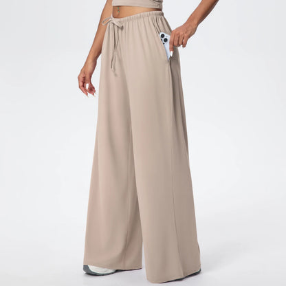 Yoga-Hose Damen, hohe Taille, weites Bein, mit Taschen, beige