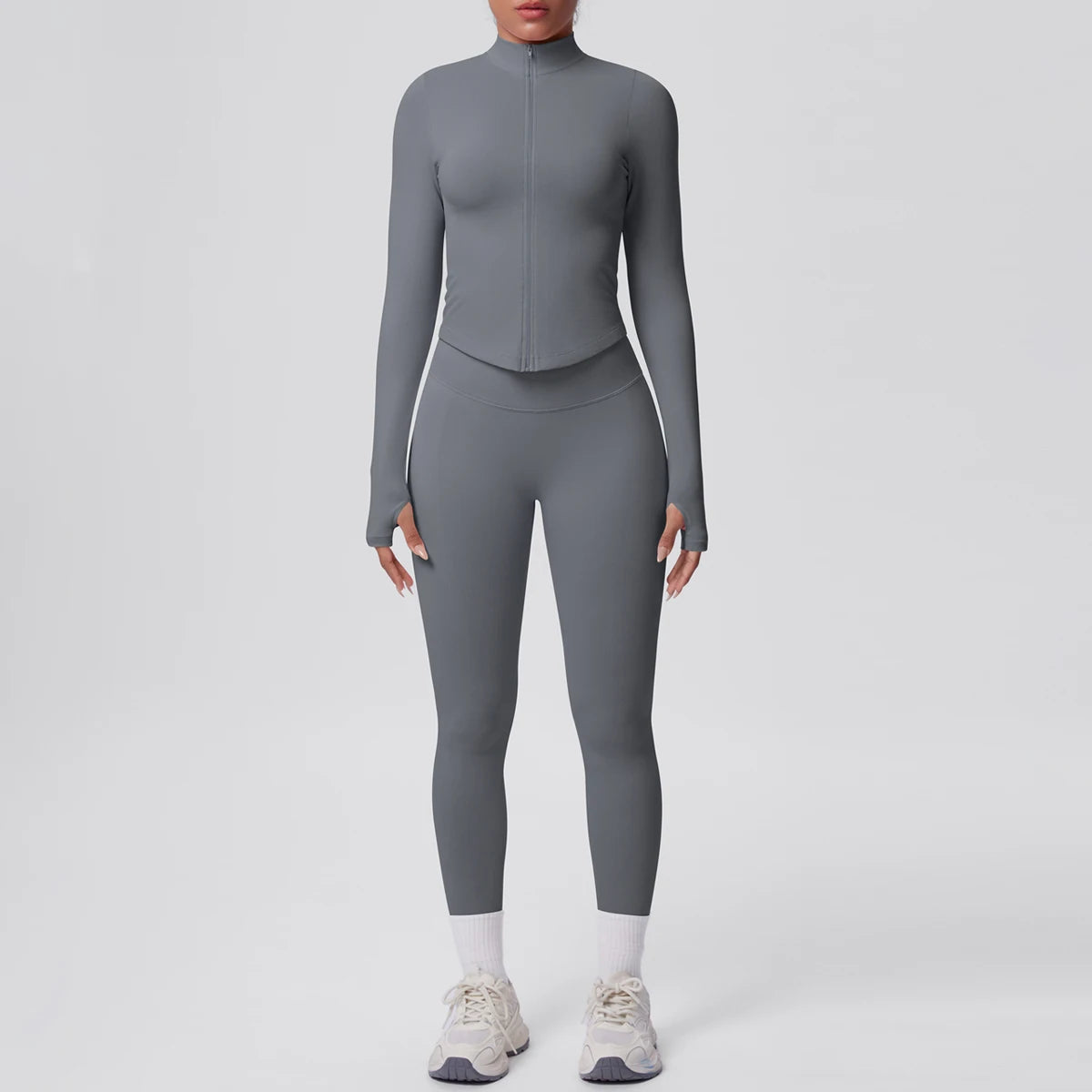 Dunkelgraues Yoga-Set mit Reißverschluss-Longsleeve und Leggings, hohe Taille