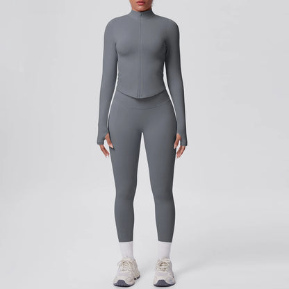 Dunkelgraues Yoga-Set mit Reißverschluss-Longsleeve und Leggings, hohe Taille