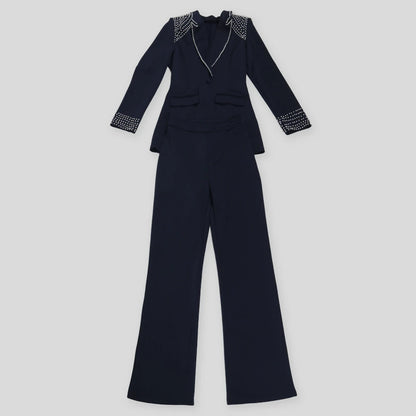 Zweiteiliges Damen-Set mit Applikationen, langärmligem Patchwork-Hemd und hoch taillierter Hose