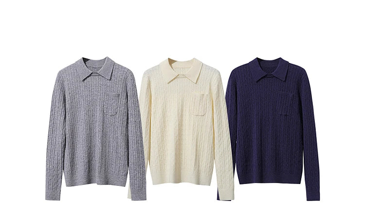 Gestreifter Damenpullover im Set: grau, beige und dunkelblau, mit Kragen
