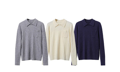 Gestreifter Damenpullover im Set: grau, beige und dunkelblau, mit Kragen