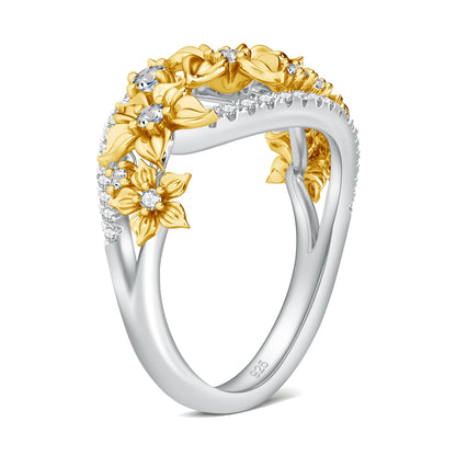 Damen-Ring Blüten-Moissanit Mit Zertifikat Und Goldplattierung Auf 925er Silber Für Verlobung Und Alltag