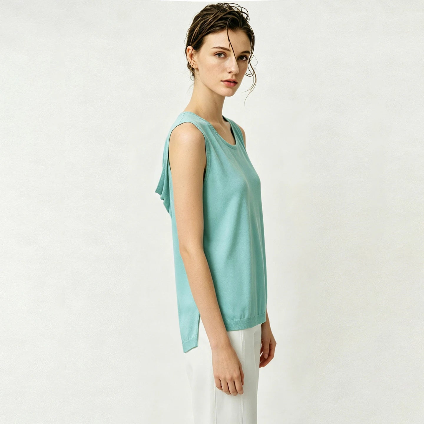 Damen-Rundhalspullover ärmellos Drapierung Cut-Out Lyocell Sommer