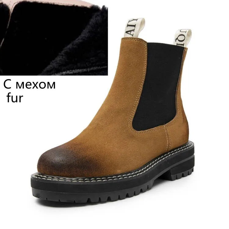 Women Winter Boots Sued Genuine Leather  New Fashion British Style Women Chelsea Boots Large Size 41　42　43 Female Ankle Boots