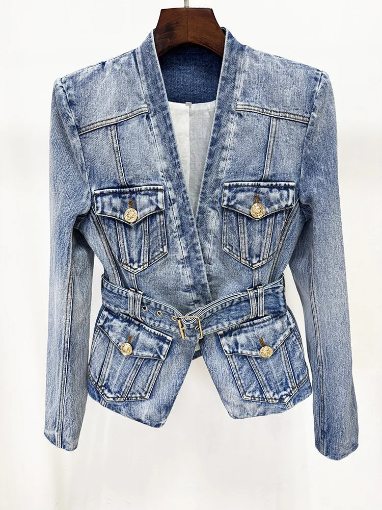 Damen-Blazer Denim Slim Gürtel Löwenknopf V-Ausschnitt Einknopf