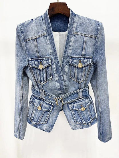 Damen-Blazer Denim Slim Gürtel Löwenknopf V-Ausschnitt Einknopf