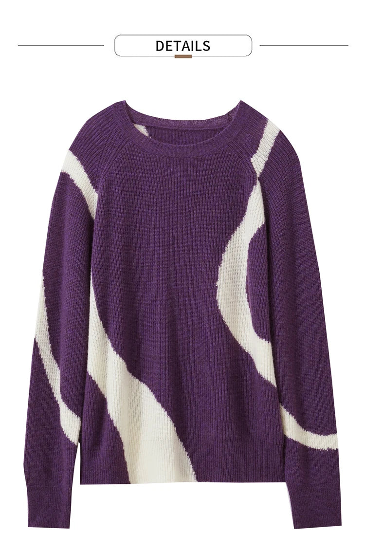 Damen-Rundhalspullover Wolle Yak asymmetrisch Patchwork locker Winter