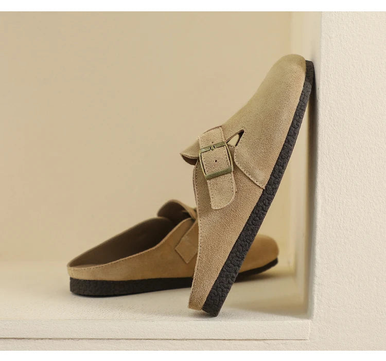 AIYUQI Hausschuhe Frauen Echt Leder 2025, Neue Große Größe 41 42 43 Frauen Sommer Schuhe Retro Oberbekleidung Flache Faule halbe Hausschuhe Frauen