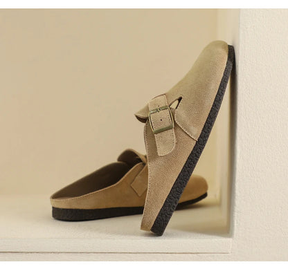 AIYUQI Hausschuhe Frauen Echt Leder 2025, Neue Große Größe 41 42 43 Frauen Sommer Schuhe Retro Oberbekleidung Flache Faule halbe Hausschuhe Frauen