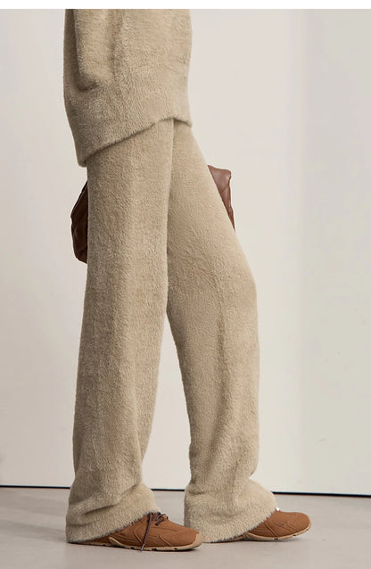 Beige Fleece-Hose mit weitem Bein, Tunnelzugbund, lockere Passform bis zum Knöchel