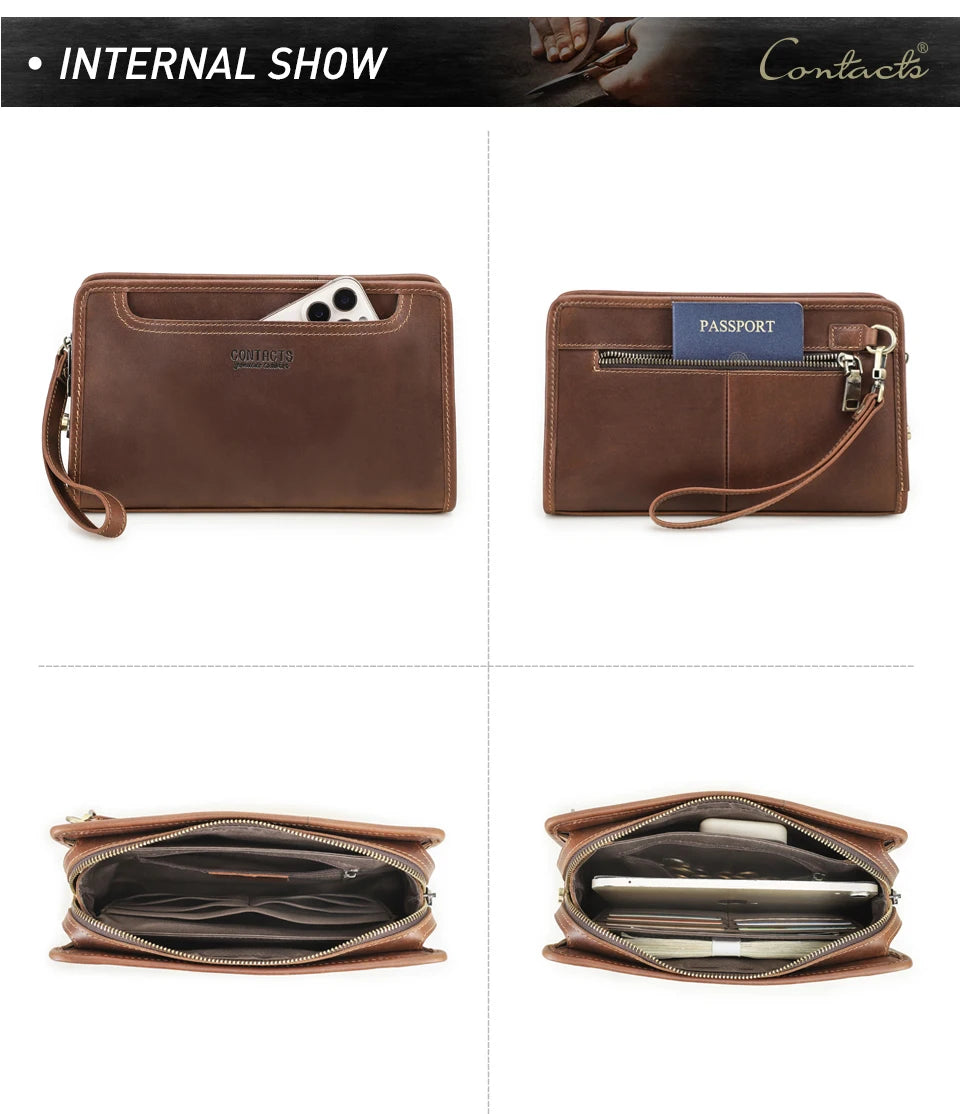 Braune Leder-Clutch mit geöffneten Innenfächern für Karten und Dokumente
