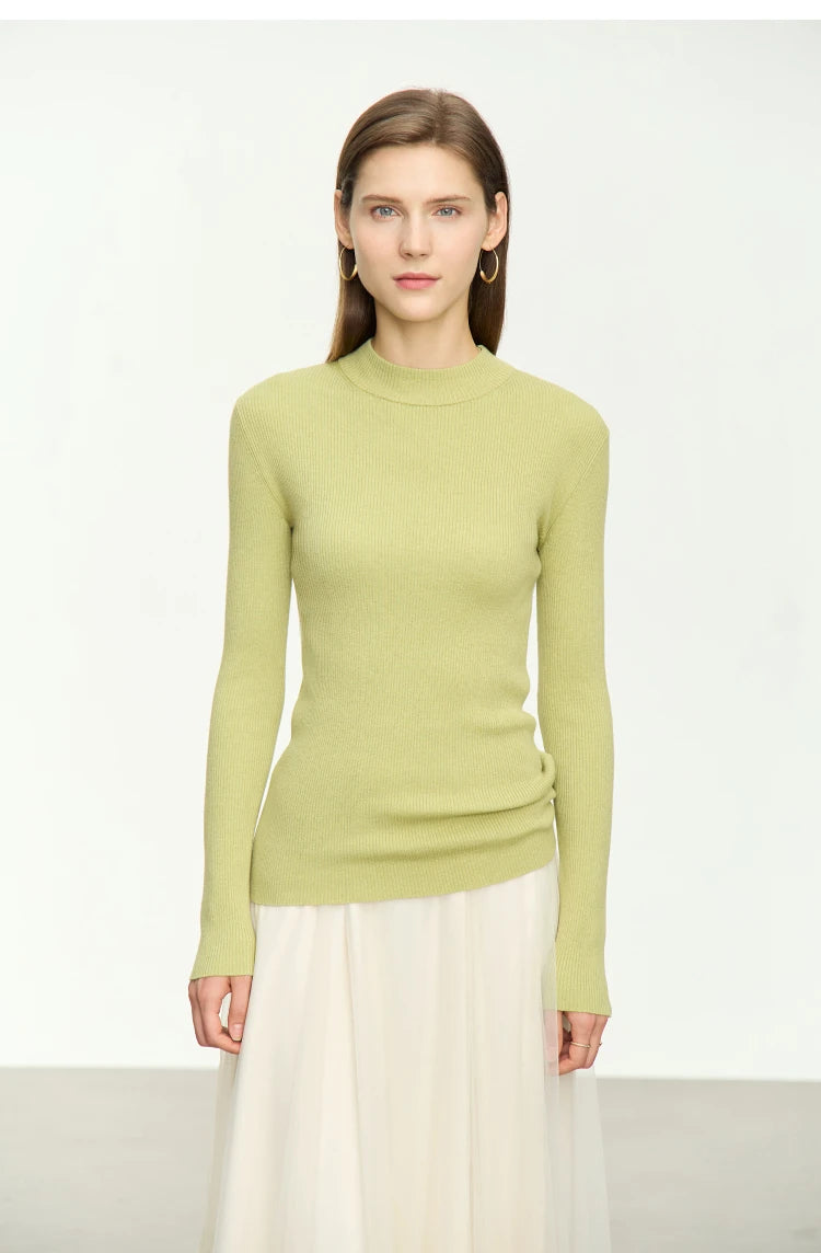 Damen-Pullover mit Stehkragen, olivgrün, langarm, glatt gestrickt, figurbetont